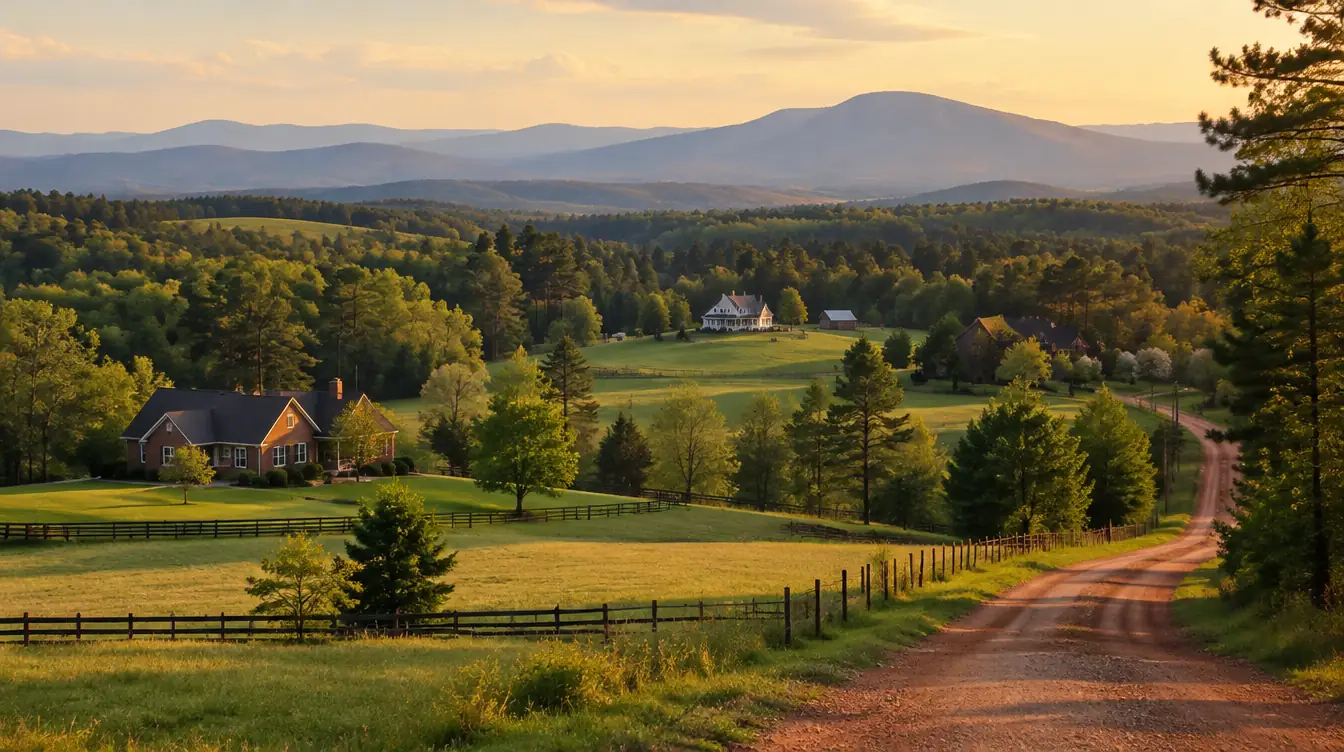 Rolling pastures, pine woods and scattered homes in northern Greenville County with the Blue Ridge foothills in the distance