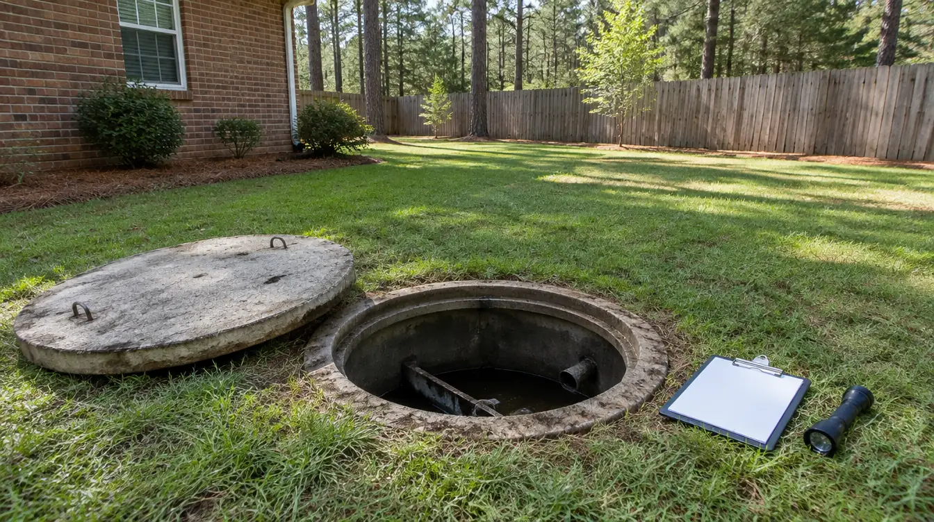 An opened septic tank in a backyard lawn with a clipboard and flashlight beside it