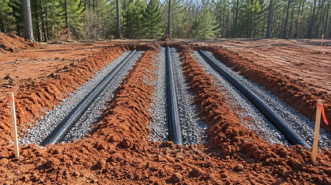 Three drain field trenches in red clay filled with gravel and perforated pipe, before backfill