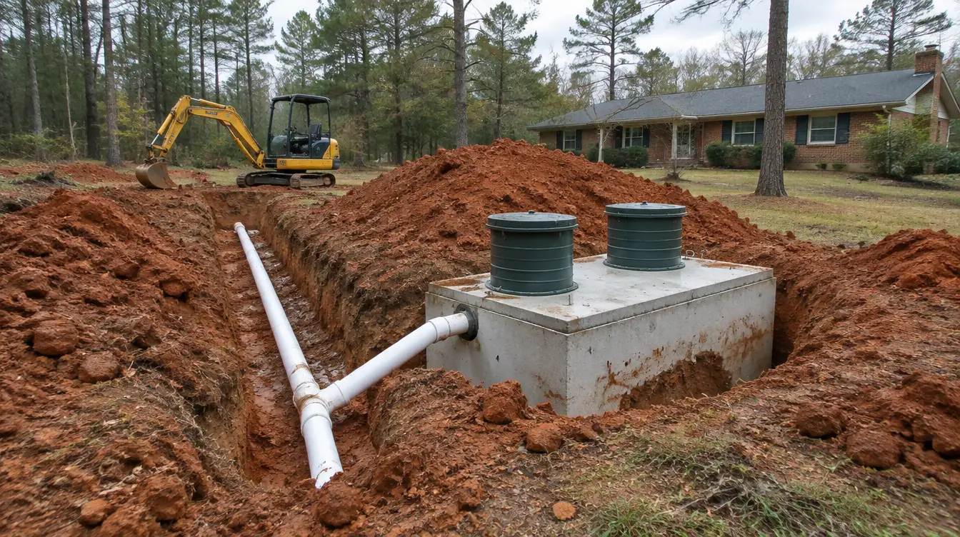 A concrete septic tank with two risers set in a red clay trench, PVC line running to it