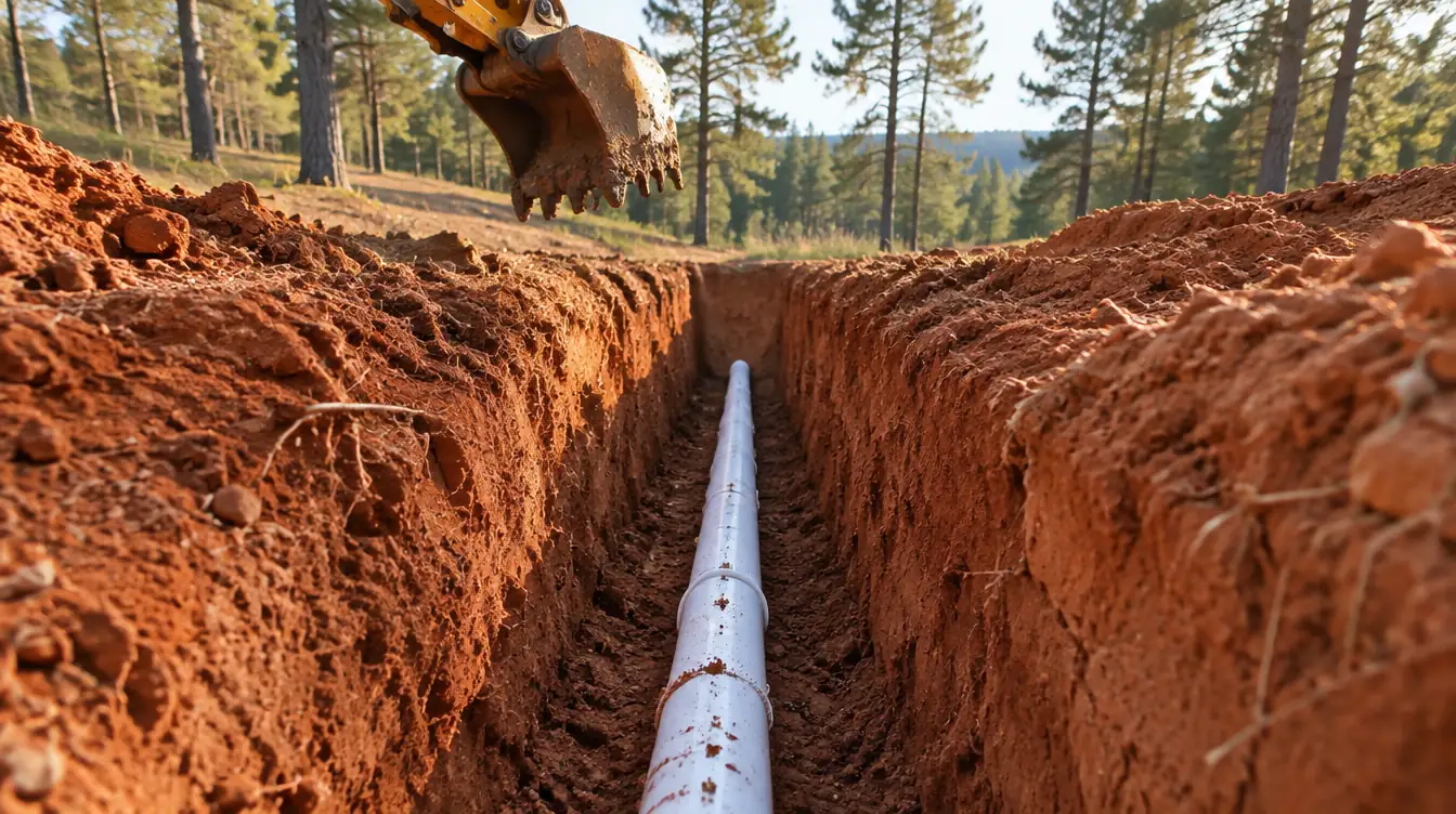 A long freshly cut trench in red clay with a white PVC line in the bottom and an excavator bucket entering the frame