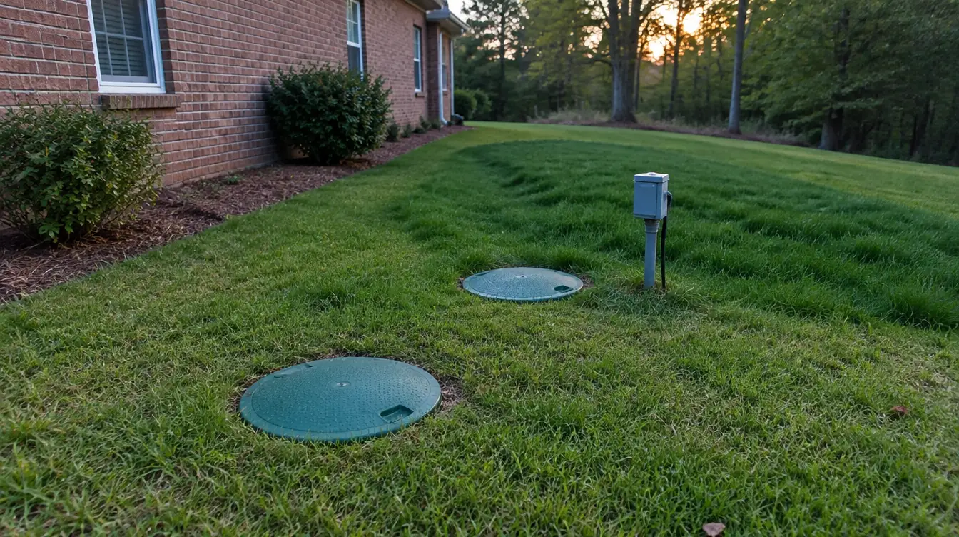 Two green septic riser lids in a lawn beside a brick house, an alarm box on a short post nearby