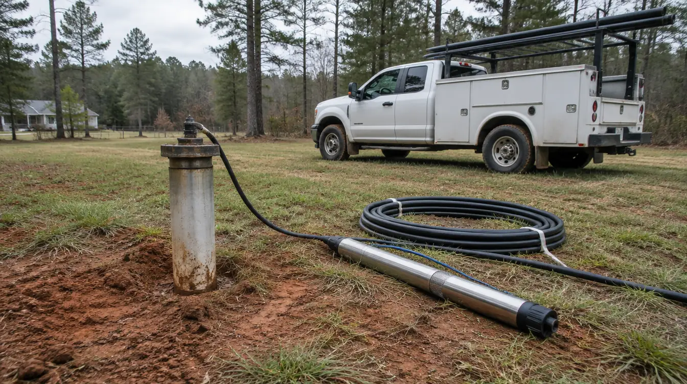 A submersible well pump and coiled pipe laid out on the ground beside a steel well casing, a service truck in the background
